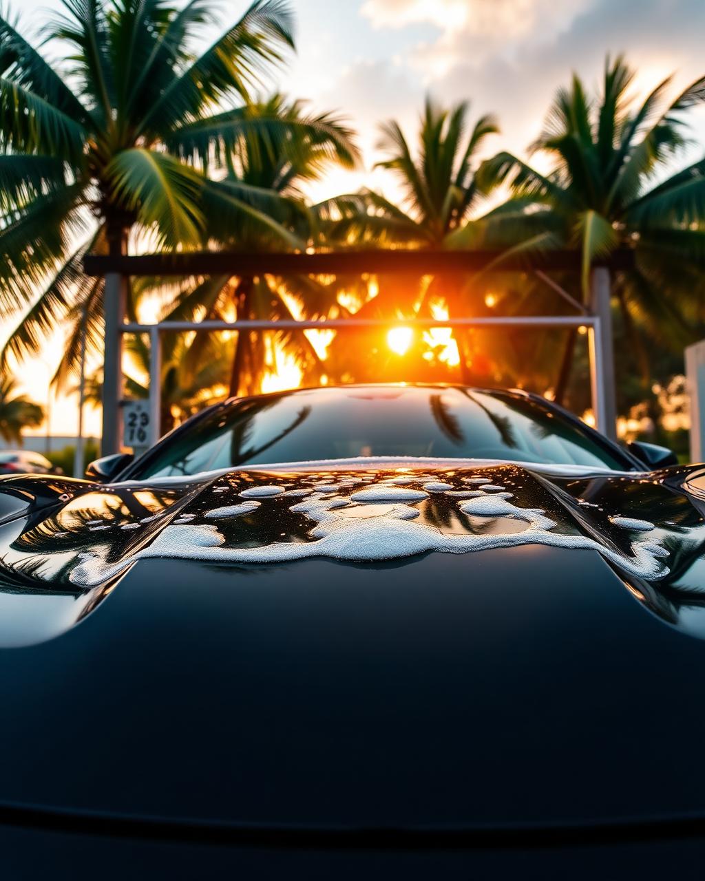 Front view of a glossy clean car at a Jamaican car wash